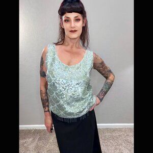 60s Vintage Sweater Tank Seafoam Green Blue Iridescent Beads MCM Rockabilly M L